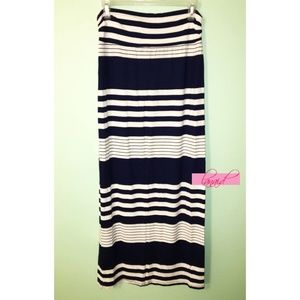 Navy White Ivory Striped Ruched Long Maxi Midi High-Waist Soft Sundress Skirt L